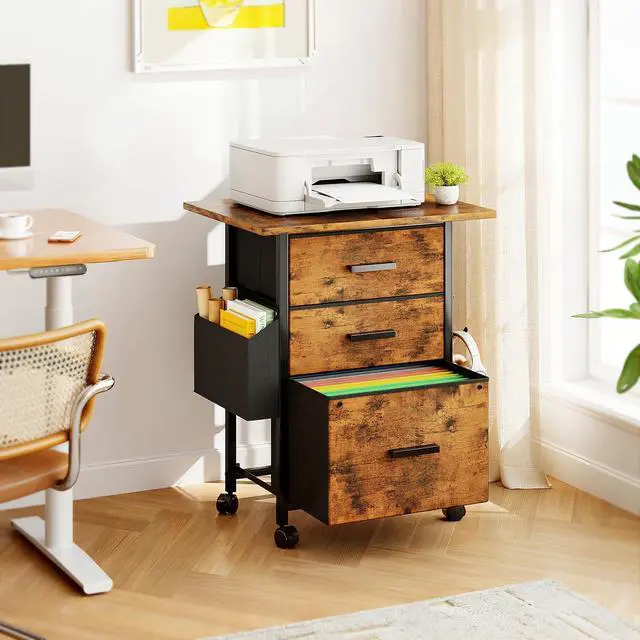 Alt view image 2 of 7 - 3 Drawer File Cabinet with 22'' Extended Desktop, Mobile Filing Cabinet, Printer Stand, Rolling Printer Stand with Side Bag, Fabric Drawer, Fits A4 Size, Home Office,Rustic Brown