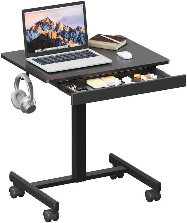 Main image of Mobile Standing Desk with Drawers, Pneumatic Height Adjustable Rolling Computer Workstation with Lockable Casters and Hooks for Home Office(Black)