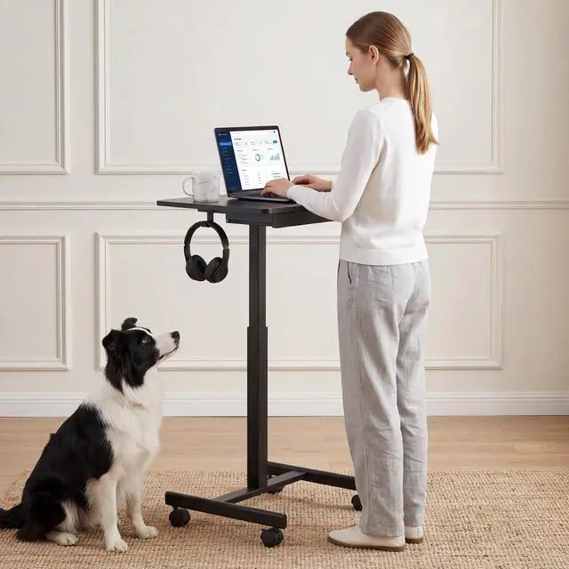 Alt view image 2 of 7 - Mobile Standing Desk with Drawers, Pneumatic Height Adjustable Rolling Computer Workstation with Lockable Casters and Hooks for Home Office(Black)