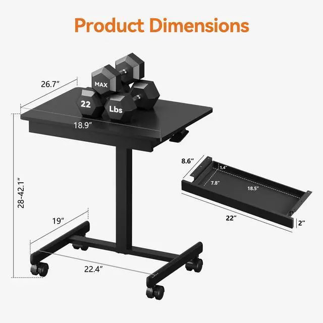 Alt view image 3 of 7 - Mobile Standing Desk with Drawers, Pneumatic Height Adjustable Rolling Computer Workstation with Lockable Casters and Hooks for Home Office(Black)