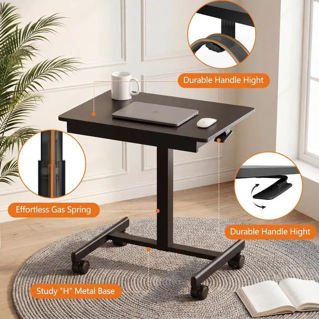 Alt view image 4 of 7 - Mobile Standing Desk with Drawers, Pneumatic Height Adjustable Rolling Computer Workstation with Lockable Casters and Hooks for Home Office(Black)