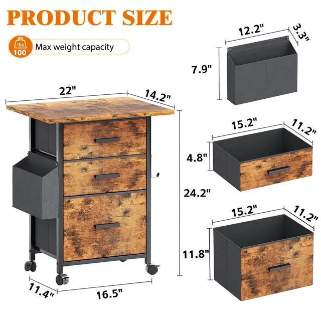 Alt view image 3 of 7 - 3 Drawer File Cabinet with 22'' Extended Desktop, Mobile Filing Cabinet, Printer Stand, Rolling Printer Stand with Side Bag, Fabric Drawer, Fits A4 Size, Home Office,Rustic Brown