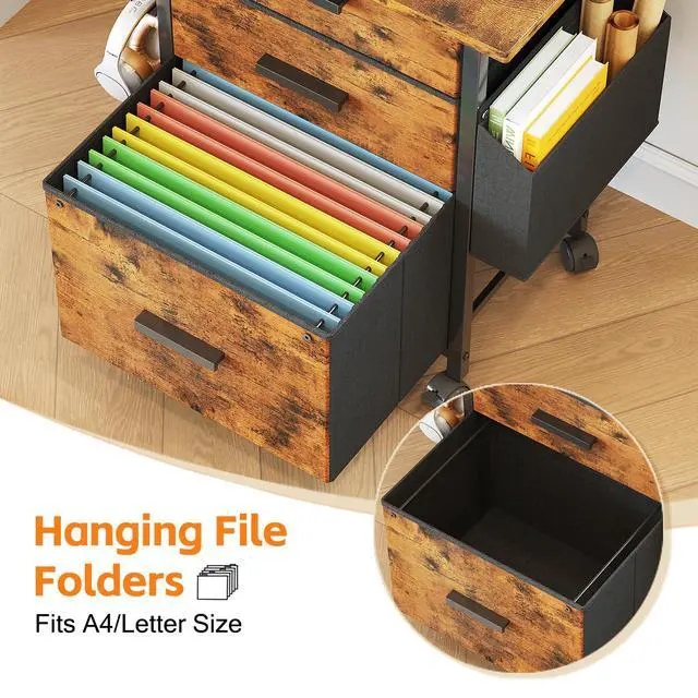 Alt view image 5 of 7 - 3 Drawer File Cabinet with 22'' Extended Desktop, Mobile Filing Cabinet, Printer Stand, Rolling Printer Stand with Side Bag, Fabric Drawer, Fits A4 Size, Home Office,Rustic Brown