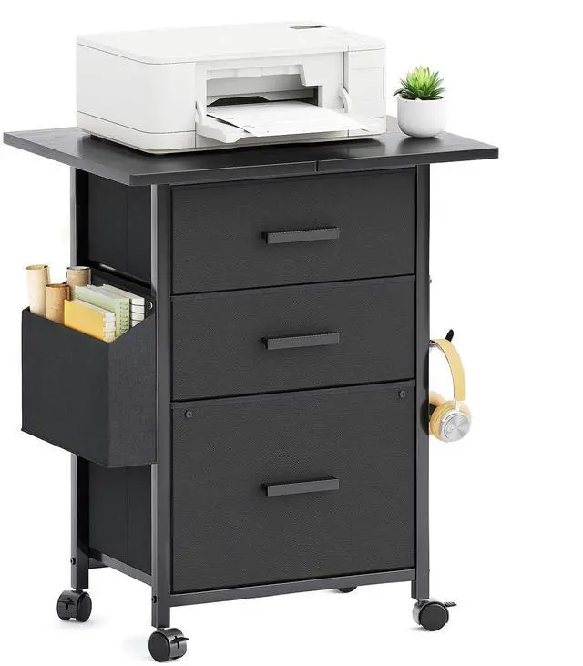 Main image of 3 Drawer File Cabinet with 22'' Extended Desktop, Mobile Filing Cabinet, Printer Stand, Rolling Printer Stand with Side Bag, Fabric Drawer, Fits A4 Size, Home Office, Black