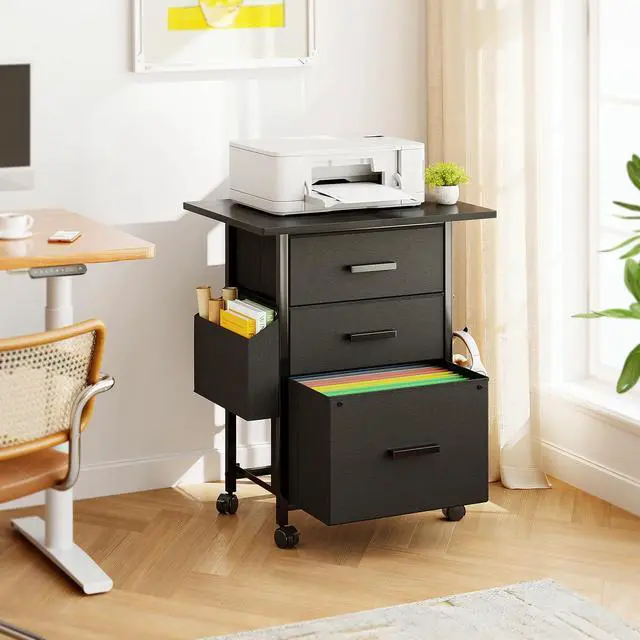 Alt view image 2 of 7 - 3 Drawer File Cabinet with 22'' Extended Desktop, Mobile Filing Cabinet, Printer Stand, Rolling Printer Stand with Side Bag, Fabric Drawer, Fits A4 Size, Home Office, Black