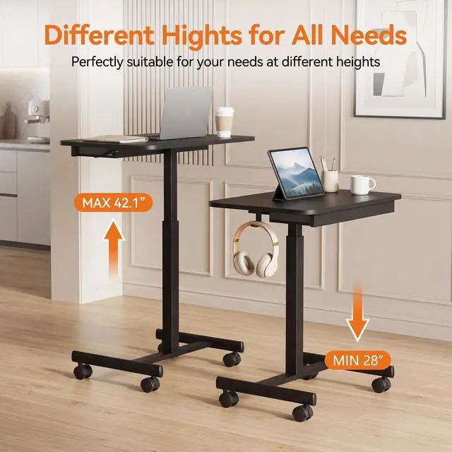 Alt view image 5 of 7 - Mobile Standing Desk with Drawers, Pneumatic Height Adjustable Rolling Computer Workstation with Lockable Casters and Hooks for Home Office(Black)