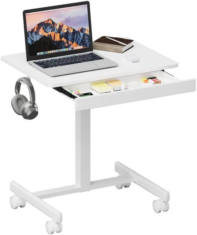 Main image of Mobile Standing Desk with Drawers, Pneumatic Height Adjustable Rolling Computer Workstation with Lockable Casters and Hooks for Home Office(White)