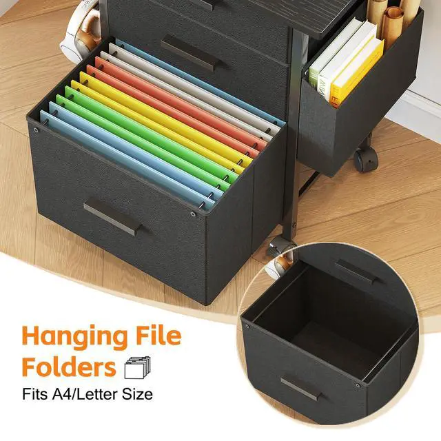 Alt view image 5 of 7 - 3 Drawer File Cabinet with 22'' Extended Desktop, Mobile Filing Cabinet, Printer Stand, Rolling Printer Stand with Side Bag, Fabric Drawer, Fits A4 Size, Home Office, Black