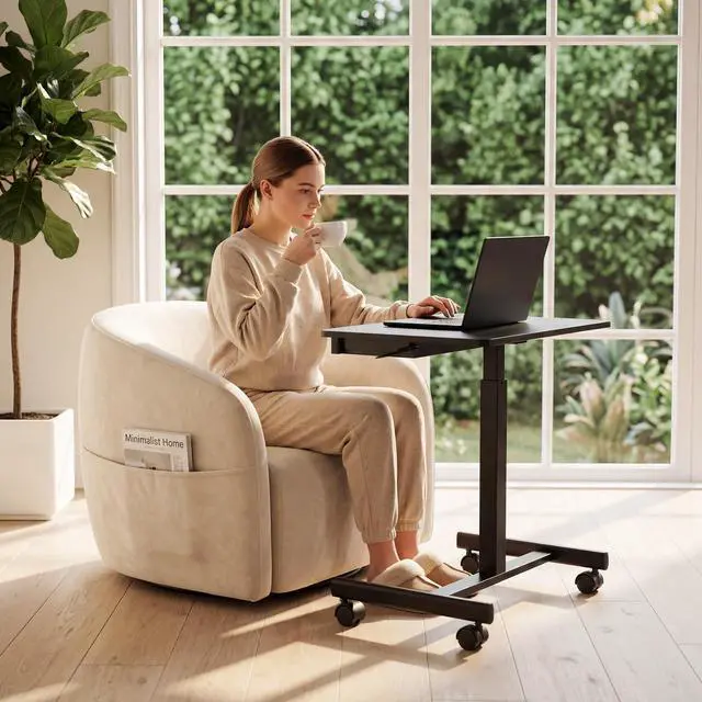 Alt view image 7 of 7 - Mobile Standing Desk with Drawers, Pneumatic Height Adjustable Rolling Computer Workstation with Lockable Casters and Hooks for Home Office(Black)