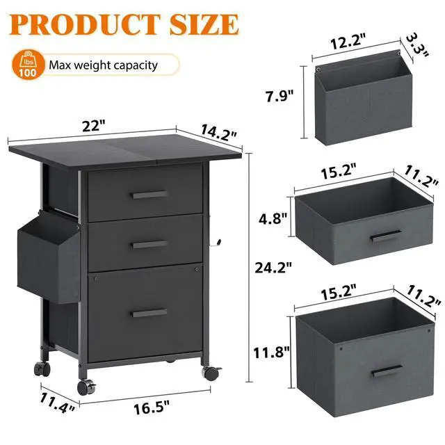 Alt view image 3 of 7 - 3 Drawer File Cabinet with 22'' Extended Desktop, Mobile Filing Cabinet, Printer Stand, Rolling Printer Stand with Side Bag, Fabric Drawer, Fits A4 Size, Home Office, Black