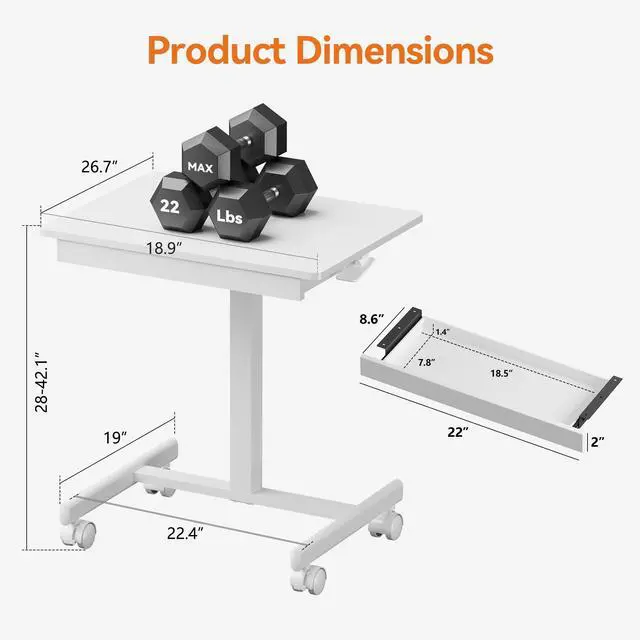 Alt view image 3 of 7 - Mobile Standing Desk with Drawers, Pneumatic Height Adjustable Rolling Computer Workstation with Lockable Casters and Hooks for Home Office(White)