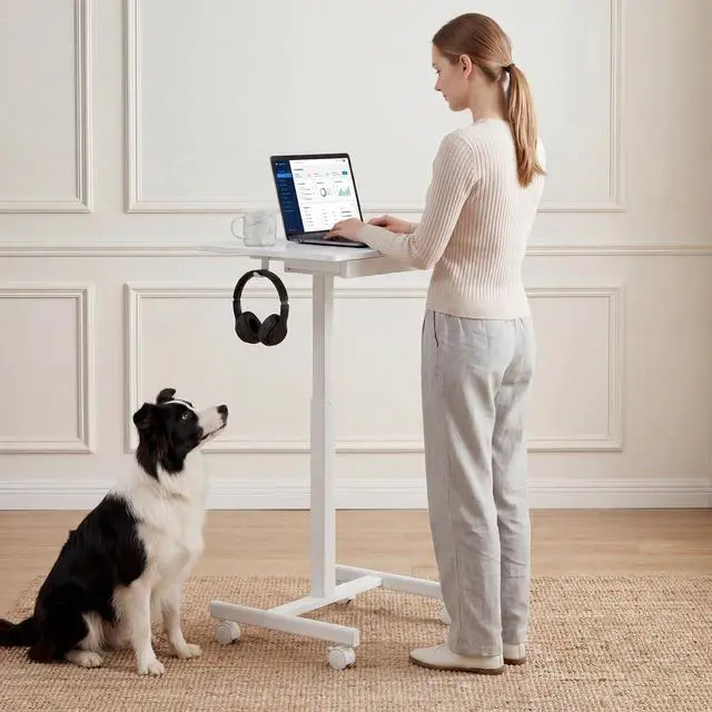 Alt view image 2 of 7 - Mobile Standing Desk with Drawers, Pneumatic Height Adjustable Rolling Computer Workstation with Lockable Casters and Hooks for Home Office(White)