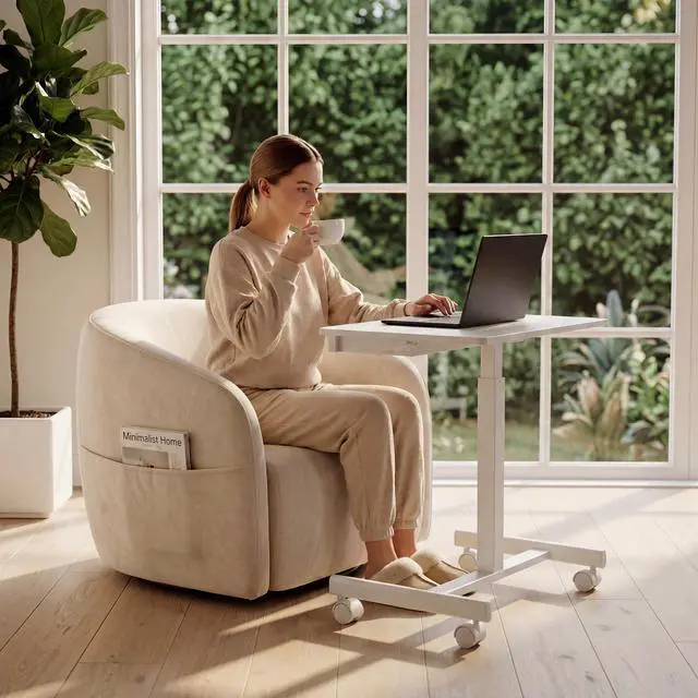 Alt view image 7 of 7 - Mobile Standing Desk with Drawers, Pneumatic Height Adjustable Rolling Computer Workstation with Lockable Casters and Hooks for Home Office(White)