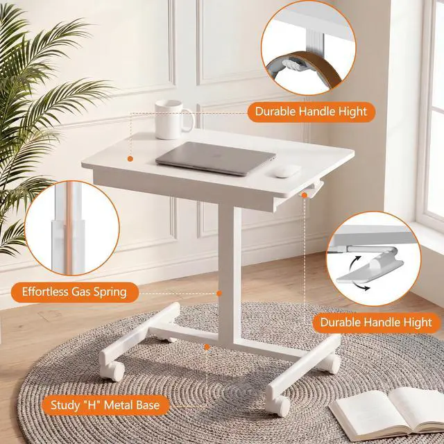 Alt view image 4 of 7 - Mobile Standing Desk with Drawers, Pneumatic Height Adjustable Rolling Computer Workstation with Lockable Casters and Hooks for Home Office(White)