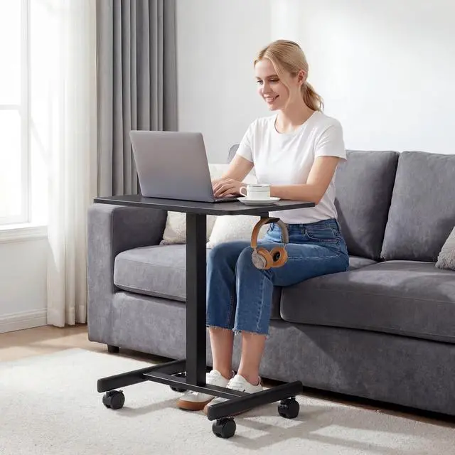 Alt view image 2 of 7 - Mobile Standing Desk with Wheels, Pneumatic Height Adjustable Rolling Computer Workstation with Lockable Casters (Black)