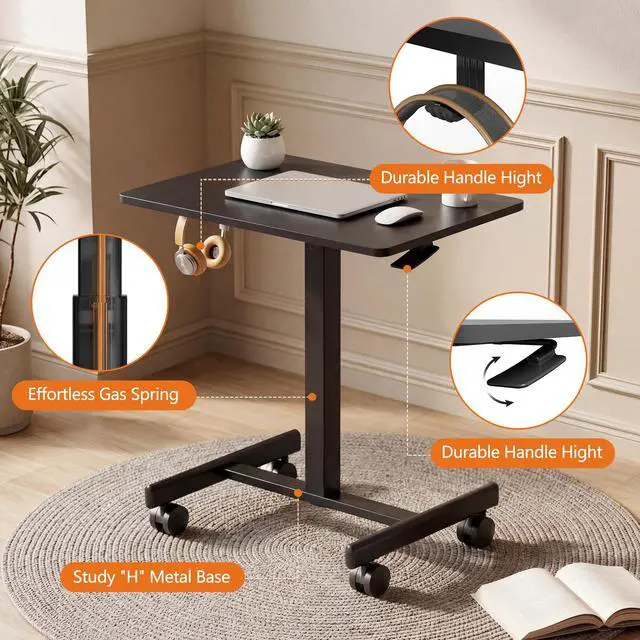 Alt view image 4 of 7 - Mobile Standing Desk with Wheels, Pneumatic Height Adjustable Rolling Computer Workstation with Lockable Casters (Black)
