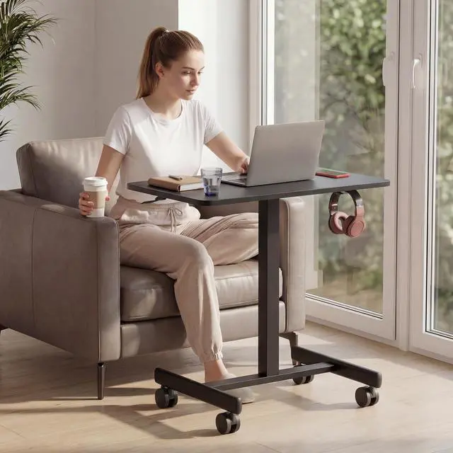Alt view image 7 of 7 - Mobile Standing Desk with Wheels, Pneumatic Height Adjustable Rolling Computer Workstation with Lockable Casters (Black)