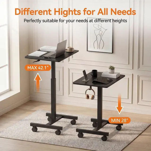 Alt view image 5 of 7 - Mobile Standing Desk with Wheels, Pneumatic Height Adjustable Rolling Computer Workstation with Lockable Casters (Black)