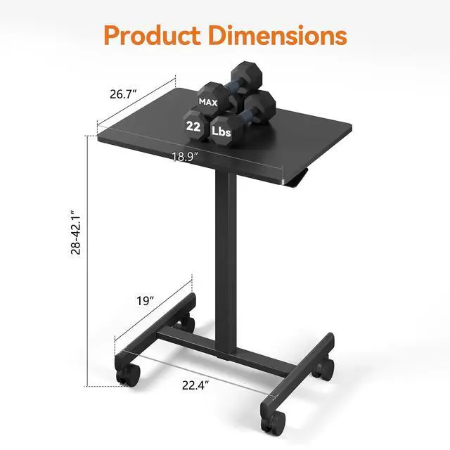 Alt view image 3 of 7 - Mobile Standing Desk with Wheels, Pneumatic Height Adjustable Rolling Computer Workstation with Lockable Casters (Black)