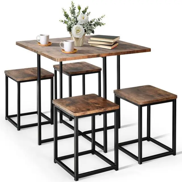 Main image of 5 Piece Dining Table Set, Counter Kitchen Table and Chair Set for 4 Includes 1 Square Table and 4 Stools, Space-Saving Pub Dining Set for Living Room, Breakfast Nook, Coffee Shop (Brown)