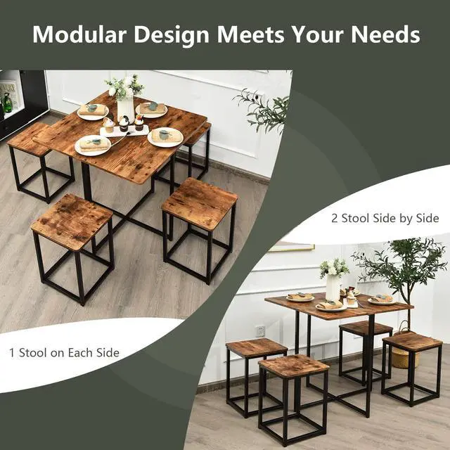 Alt view image 5 of 7 - 5 Piece Dining Table Set, Counter Kitchen Table and Chair Set for 4 Includes 1 Square Table and 4 Stools, Space-Saving Pub Dining Set for Living Room, Breakfast Nook, Coffee Shop (Brown)
