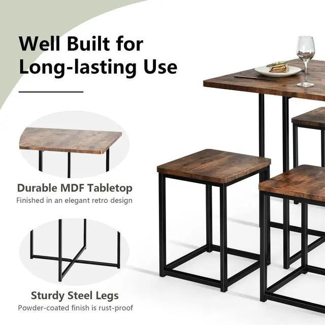 Alt view image 3 of 7 - 5 Piece Dining Table Set, Counter Kitchen Table and Chair Set for 4 Includes 1 Square Table and 4 Stools, Space-Saving Pub Dining Set for Living Room, Breakfast Nook, Coffee Shop (Brown)
