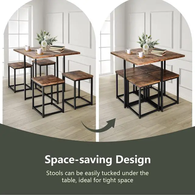 Alt view image 6 of 7 - 5 Piece Dining Table Set, Counter Kitchen Table and Chair Set for 4 Includes 1 Square Table and 4 Stools, Space-Saving Pub Dining Set for Living Room, Breakfast Nook, Coffee Shop (Brown)