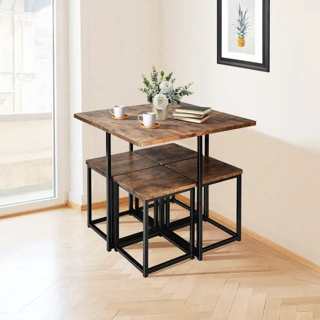 Alt view image 2 of 7 - 5 Piece Dining Table Set, Counter Kitchen Table and Chair Set for 4 Includes 1 Square Table and 4 Stools, Space-Saving Pub Dining Set for Living Room, Breakfast Nook, Coffee Shop (Brown)