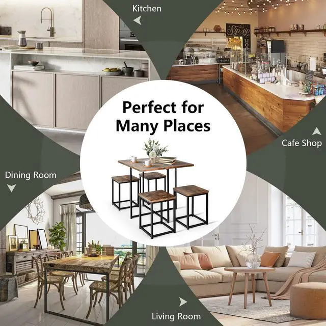 Alt view image 7 of 7 - 5 Piece Dining Table Set, Counter Kitchen Table and Chair Set for 4 Includes 1 Square Table and 4 Stools, Space-Saving Pub Dining Set for Living Room, Breakfast Nook, Coffee Shop (Brown)