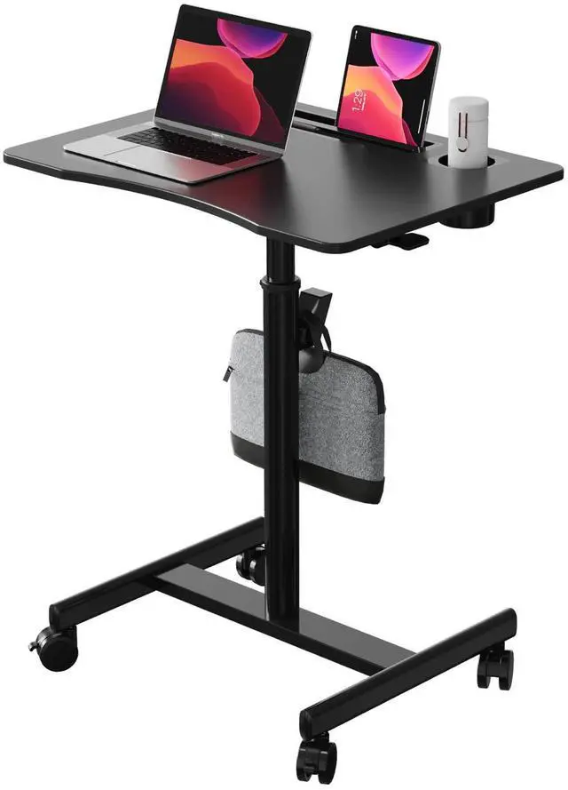 Main image of 28" Mobile Standing Desk with Cup Holder & Widened Slots | Portable Laptop Desk with Wheels, Portable Computer Workstation for Classroom, Rolling Teacher Desk, Black