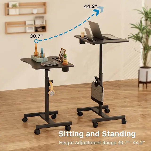 Alt view image 4 of 7 - 28" Mobile Standing Desk with Cup Holder & Widened Slots | Portable Laptop Desk with Wheels, Portable Computer Workstation for Classroom, Rolling Teacher Desk, Black