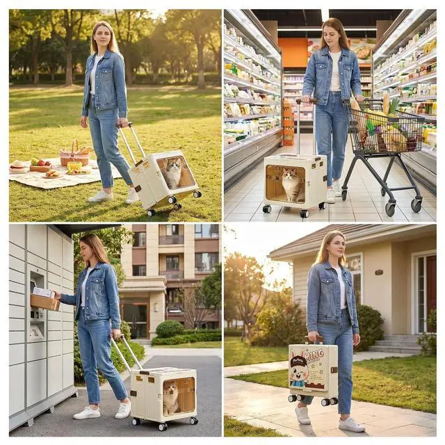 Alt view image 7 of 7 - Foldable Rolling Shopping Trolley with Lid, Silent Wear-Resistant Wheels Storage Crate Box, Multifunctional Seatable Container for Grocery, Picnic, Travel, Office, Pet & Household Moving