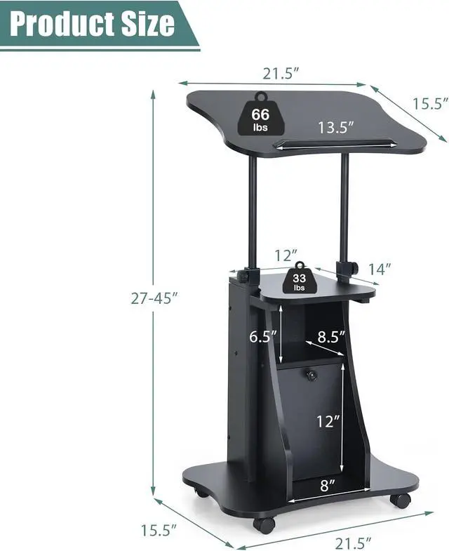 Alt view image 7 of 7 - Mobile Laptop Podium, Portable Height Adjustable Podium Stand, Rolling Lectern Desk with Storage, 180° Tilting Top, Lockable Universal Casters, Sit-to-Stand Computer Desk for Home, Office