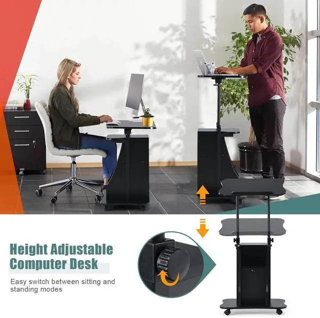 Alt view image 3 of 7 - Mobile Laptop Podium, Portable Height Adjustable Podium Stand, Rolling Lectern Desk with Storage, 180° Tilting Top, Lockable Universal Casters, Sit-to-Stand Computer Desk for Home, Office