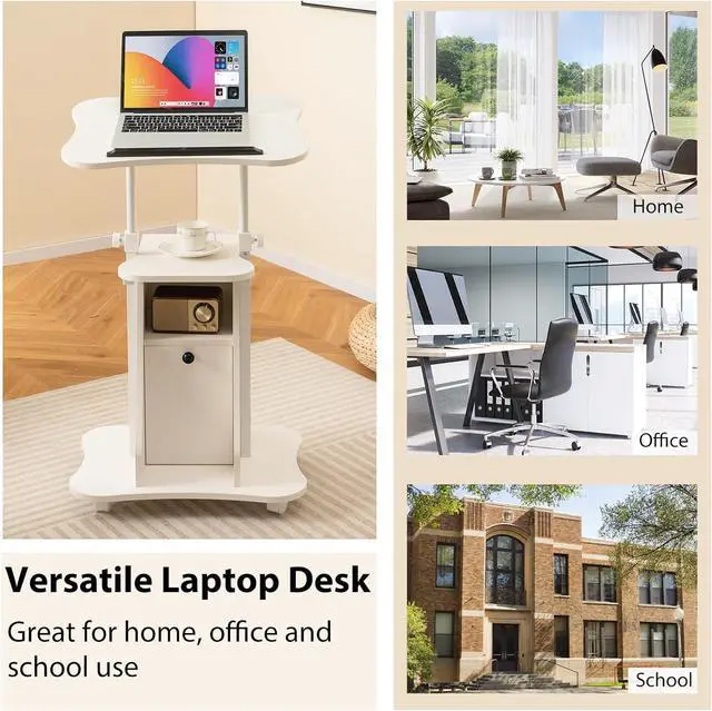 Alt view image 4 of 7 - Mobile Laptop Podium, Portable Height Adjustable Podium Stand, Rolling Lectern Desk with Storage, 180° Tilting Top, Lockable Universal Casters, Sit-to-Stand Computer Desk for Home, Office