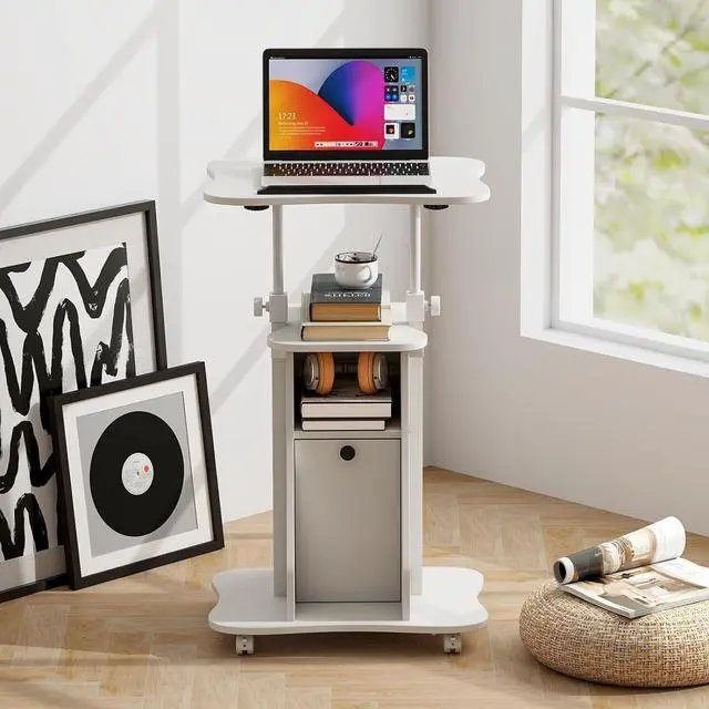 Alt view image 3 of 7 - Mobile Laptop Podium, Portable Height Adjustable Podium Stand, Rolling Lectern Desk with Storage, 180° Tilting Top, Lockable Universal Casters, Sit-to-Stand Computer Desk for Home, Office