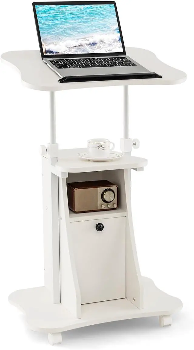 Main image of Mobile Laptop Podium, Portable Height Adjustable Podium Stand, Rolling Lectern Desk with Storage, 180° Tilting Top, Lockable Universal Casters, Sit-to-Stand Computer Desk for Home, Office