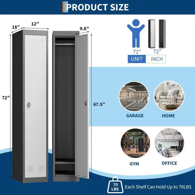 Alt view image 3 of 6 - 1 Door Tall Single Metal Locker, Metal Lockers for Employees with Keys, 72" Black Employee Storage Cabinet with Doors, Steel Storage Cabinets Lockable for School, Gym, Home, Office, Mudroom, Black