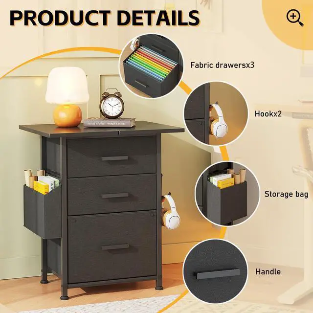 Alt view image 6 of 7 - 3 Drawer File Cabinet with 22'' Extended Desktop, Mobile Filing Cabinet, Printer Stand, Rolling Printer Stand with Side Bag, Fabric Drawer, Fits A4 Size, Home Office, Black