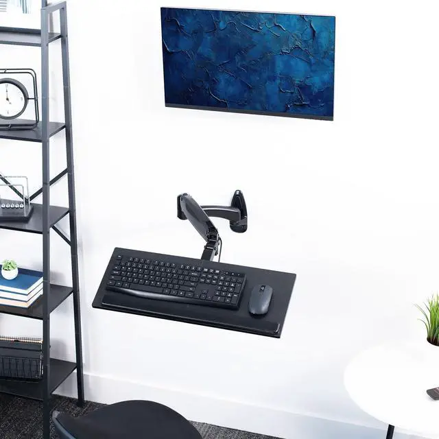 Alt view image 2 of 7 - Sit-Stand 24 Inch Pneumatic Spring Keyboard and Mouse Tray Wall Mount, Counterbalance Height Adjustable Typing Platform, Ergonomic Tilt, Black, MOUNT-KB35B