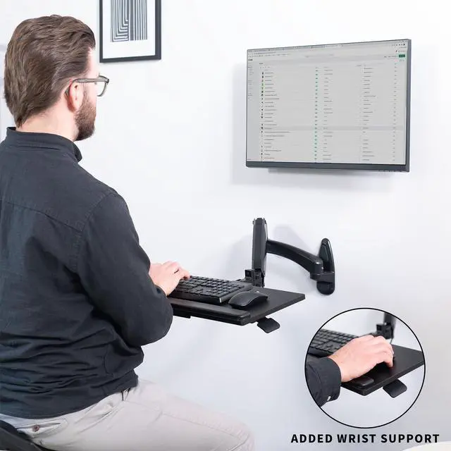 Alt view image 7 of 7 - Sit-Stand 24 Inch Pneumatic Spring Keyboard and Mouse Tray Wall Mount, Counterbalance Height Adjustable Typing Platform, Ergonomic Tilt, Black, MOUNT-KB35B