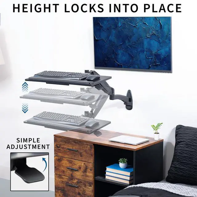 Alt view image 3 of 7 - Sit-Stand 24 Inch Pneumatic Spring Keyboard and Mouse Tray Wall Mount, Counterbalance Height Adjustable Typing Platform, Ergonomic Tilt, Black, MOUNT-KB35B