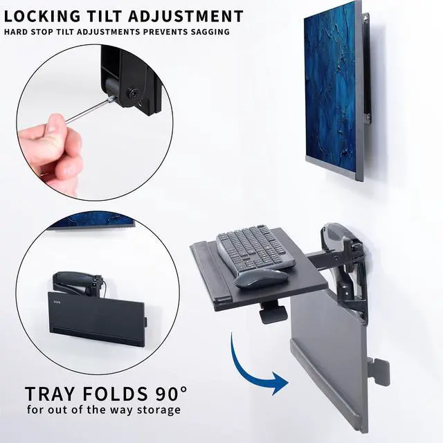 Alt view image 5 of 7 - Sit-Stand 24 Inch Pneumatic Spring Keyboard and Mouse Tray Wall Mount, Counterbalance Height Adjustable Typing Platform, Ergonomic Tilt, Black, MOUNT-KB35B