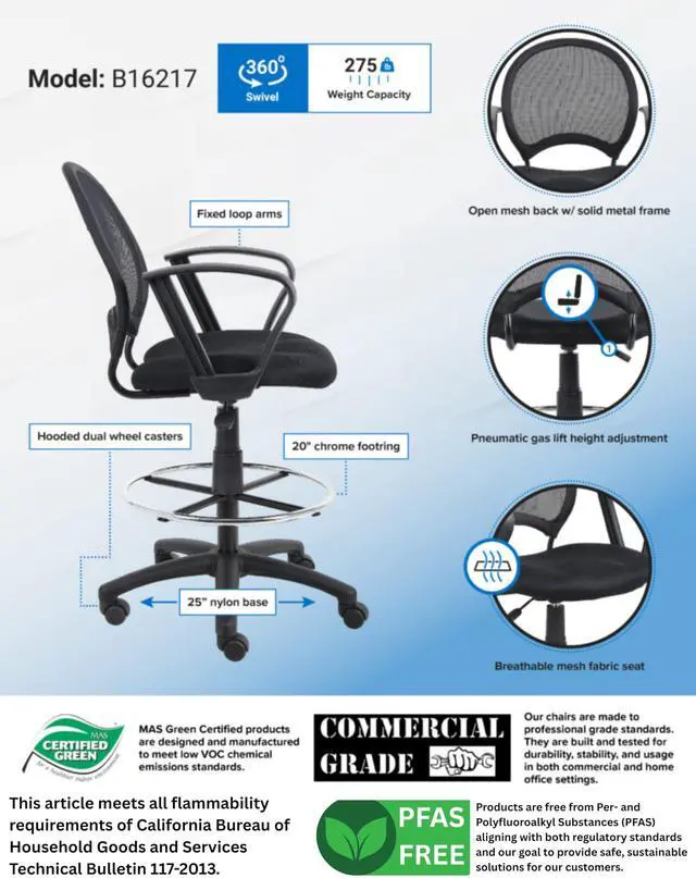 Alt view image 3 of 6 - Mesh Drafting Stool with Loop Arms in Black (B16217)