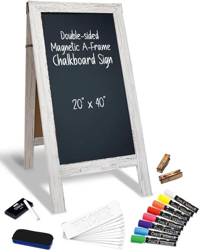 Main image of Magnetic A-Frame Chalkboard Sign, Extra Large 20" x 40", Standing Chalkboard Easel, Deluxe Set with Multiple Accessories, Outdoor Sidewalk Sandwich Board Sign,(Whitewash)