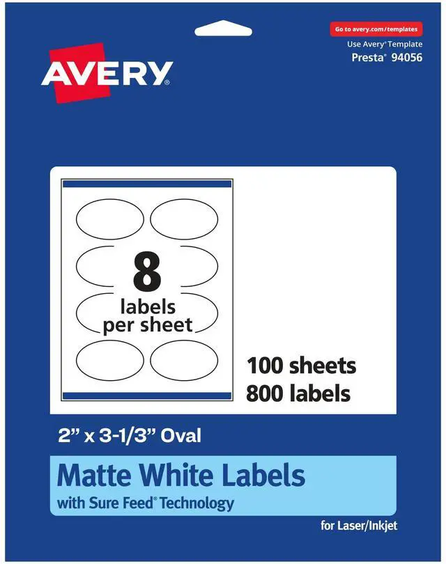 Main image of ® Matte White Oval Labels, Sure Feed® Technology, 2" x 3-1/3", 800 Matte White Printable Labels