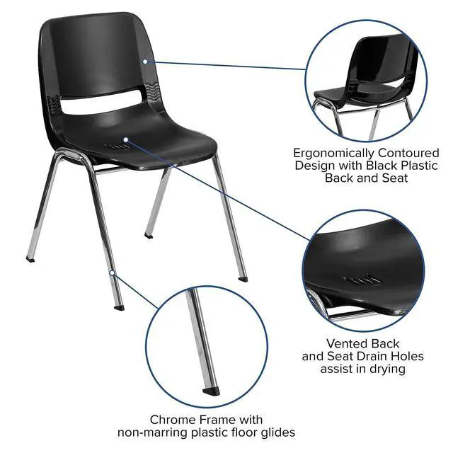 Alt view image 6 of 7 - HERCULES Series 880 lb. Capacity Black Ergonomic Shell Stack Chair with Chrome Frame and 18'' Seat Height