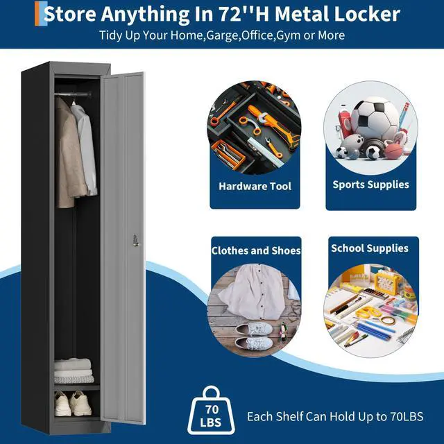 Alt view image 5 of 6 - 1 Door Tall Single Metal Locker, Metal Lockers for Employees with Keys, 72" Black Employee Storage Cabinet with Doors, Steel Storage Cabinets Lockable for School, Gym, Home, Office, Mudroom, Black