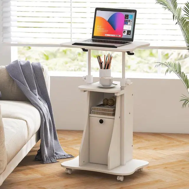 Alt view image 2 of 7 - Mobile Laptop Podium, Portable Height Adjustable Podium Stand, Rolling Lectern Desk with Storage, 180° Tilting Top, Lockable Universal Casters, Sit-to-Stand Computer Desk for Home, Office