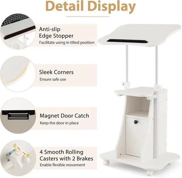 Alt view image 5 of 7 - Mobile Laptop Podium, Portable Height Adjustable Podium Stand, Rolling Lectern Desk with Storage, 180° Tilting Top, Lockable Universal Casters, Sit-to-Stand Computer Desk for Home, Office
